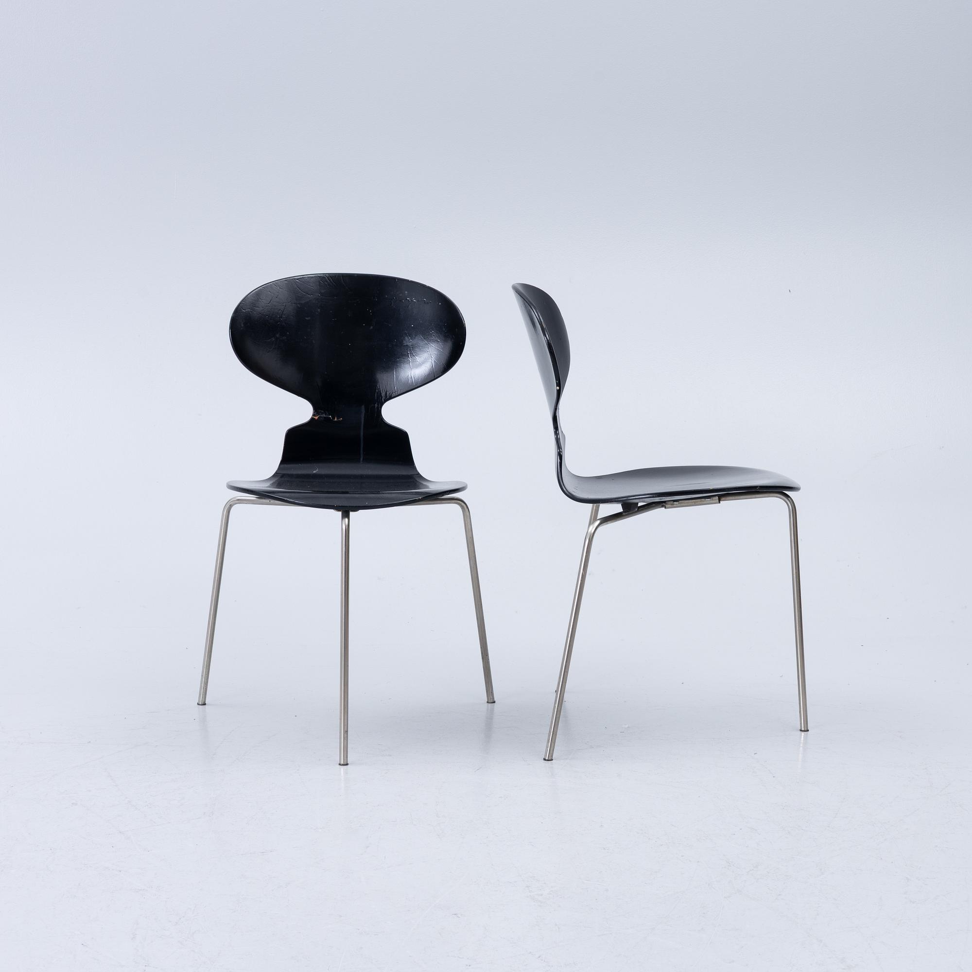 Arne Jacobsen, Stolar, 4 st, "Myran", Fritz Hansen, Danmark 1950/60-tal.