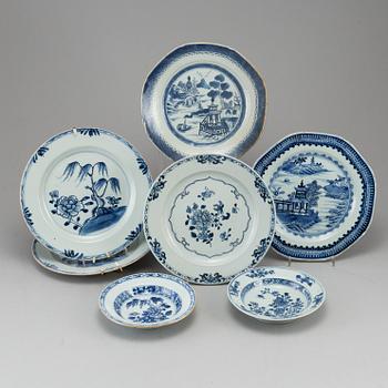 Seven blue and white dishes, Qing dynasty, Qianlong (1736-95).