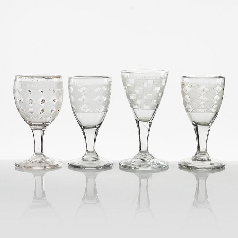 A group of 20 late gustavian liquer glasses, various manufactories, 19th century.