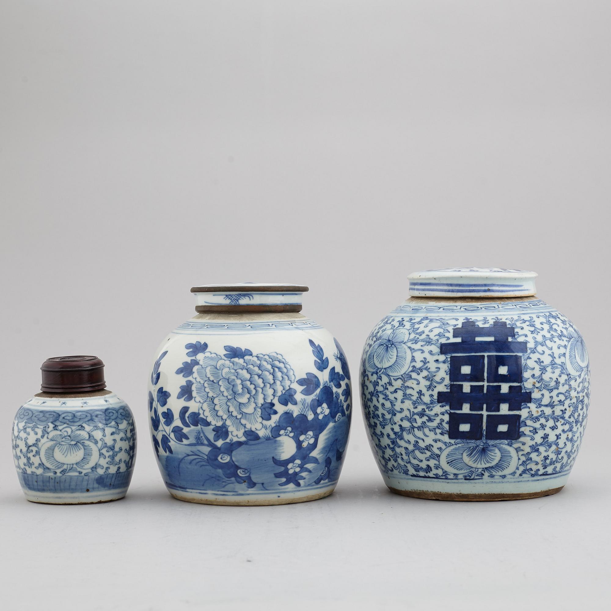 A set of three odd blue and white jars, late Qing dynasty, 19th Century.