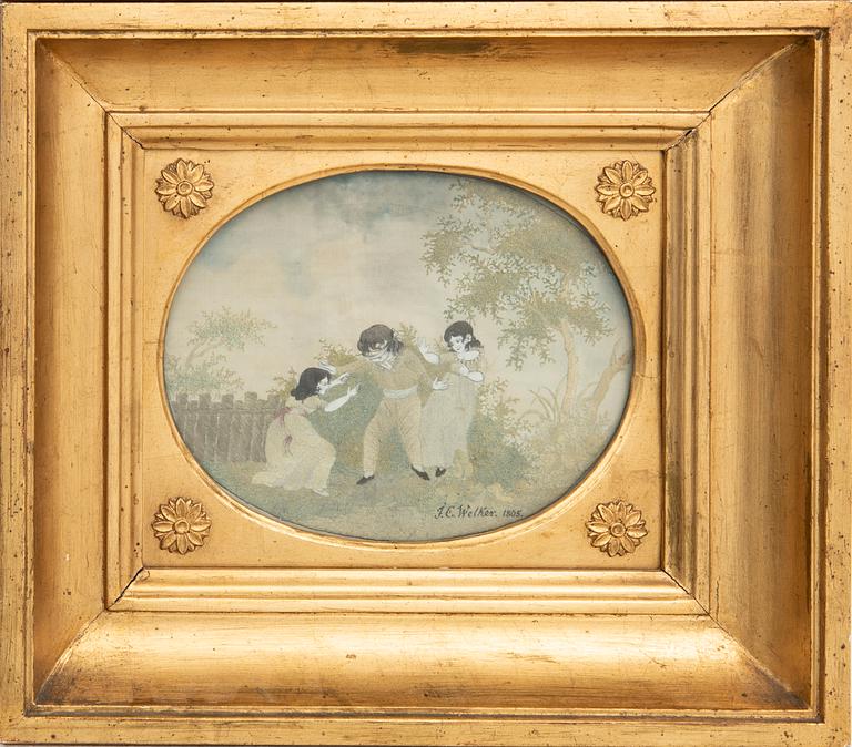 Embroidered pictures a pair of late Gustavian.