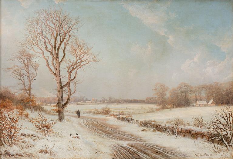 Frits Nordahl Grove, Winter landscape with a wandering figure.