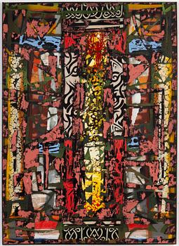 Alfred Boman, signed and dated 2014 verso. Printed fabric, glue emulsion, enamel varnish, acrylic, spray paint and oil.