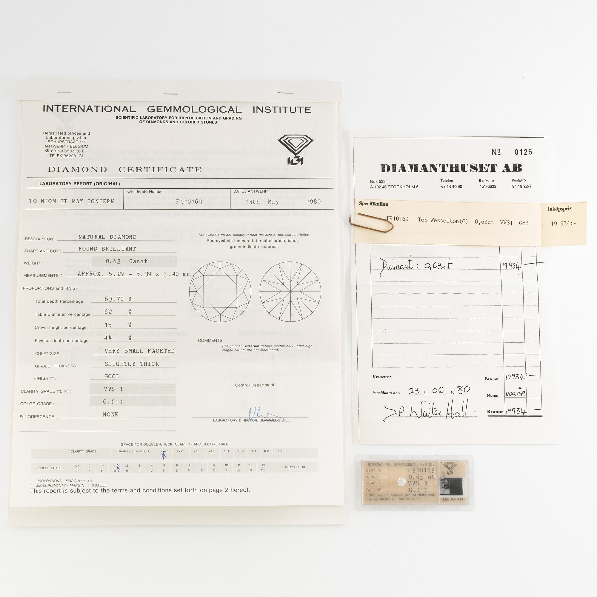 Unmounted brilliant-cut diamond, 0.63 ct, IGI seal. Accompanied by IGI certificate.