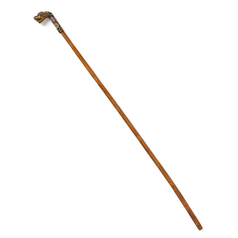 A Chinese bamboo walking cane with a cloisonné handle, late Qing dynasty/early 20th Century.