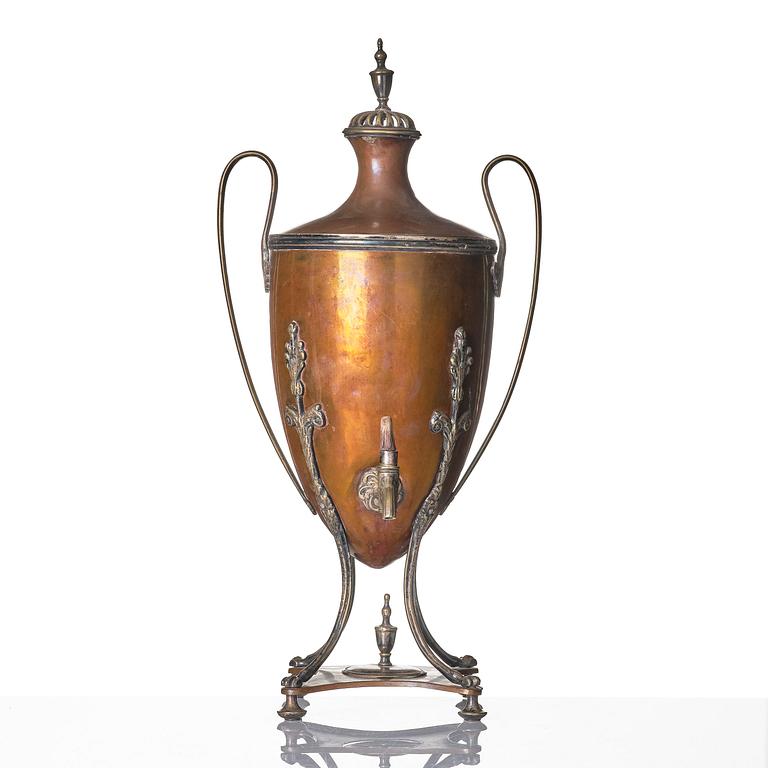 A George III copper and silvered-brass hot water urn, late 18th century.