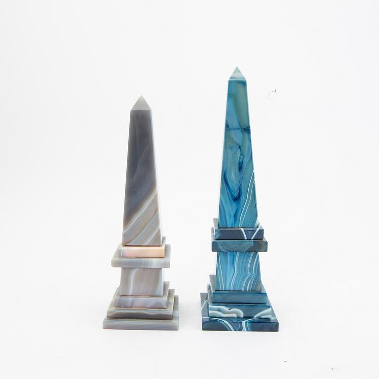 A pair of coloured agate obelisks 21st century.