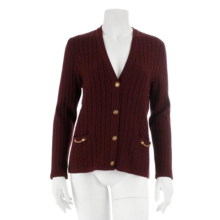 CÉLINE, a burgundy red wool cardigan. Size 44.