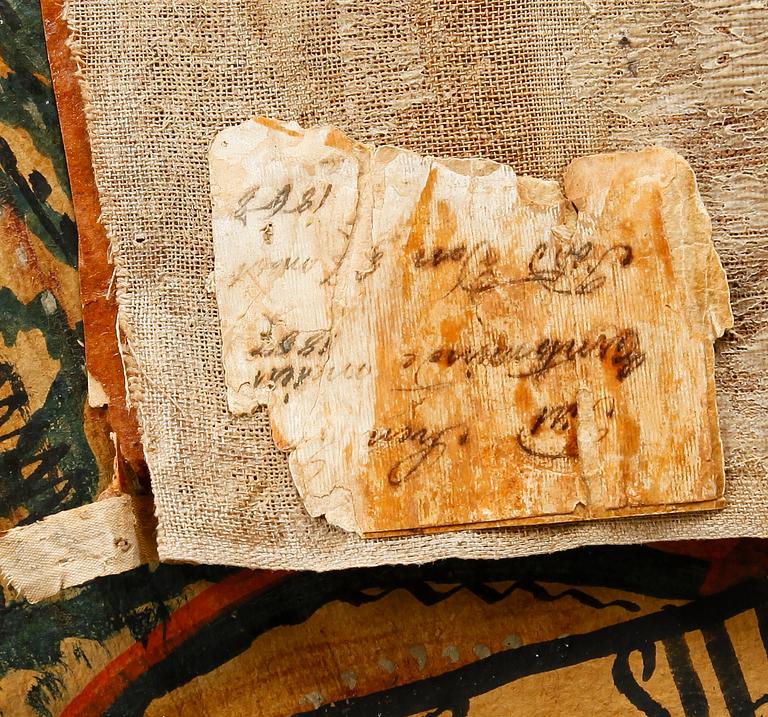VÄGGFÄLT/BONAD, olja på duk, allmoge, daterat 1851.