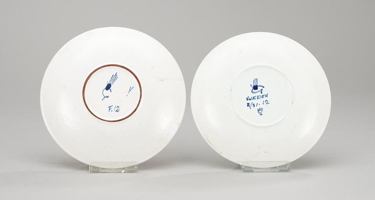 A set of five Stig Lindberg faience teacups and saucers, Gustavsberg Studio 1940's-50's.