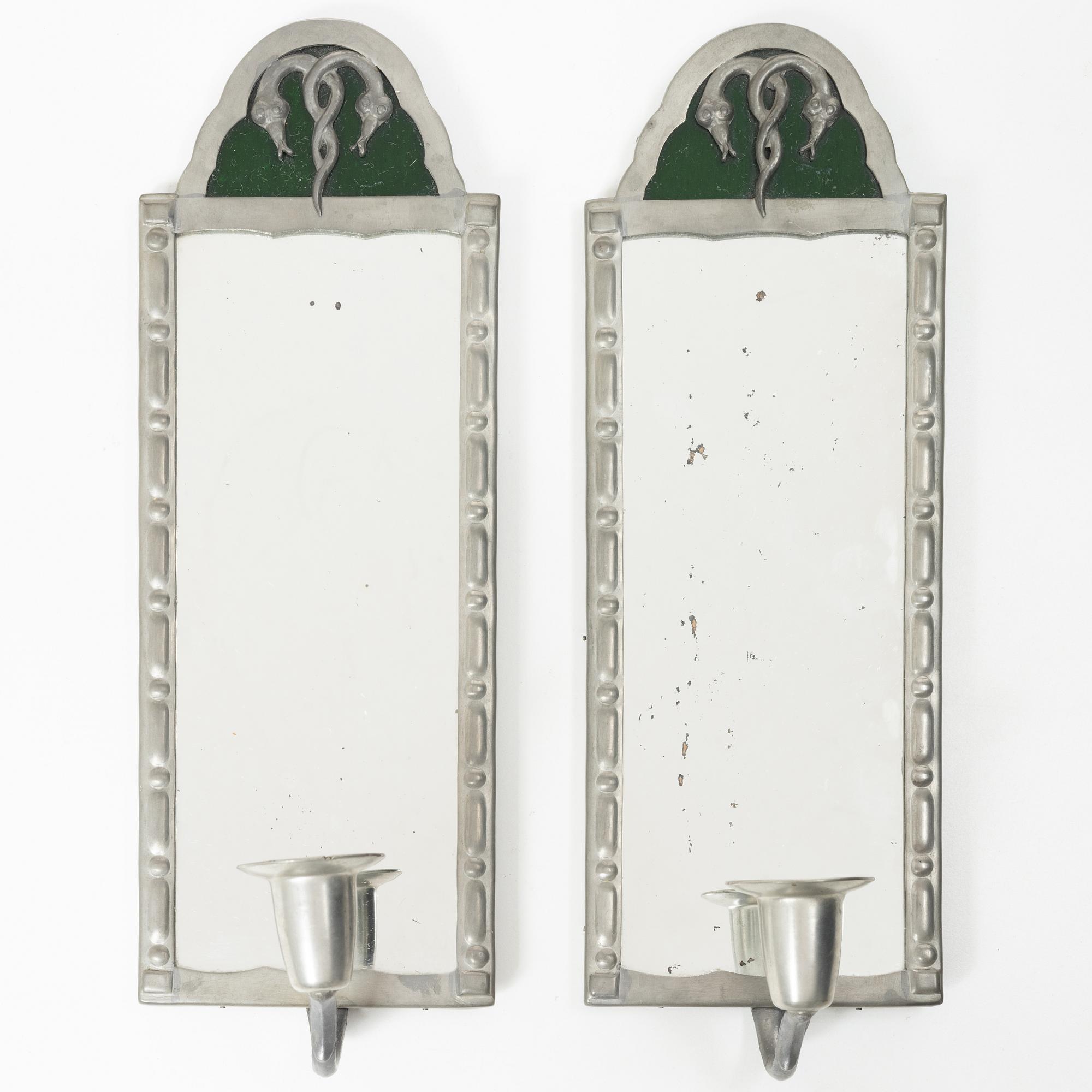 Spegellampetter, ett par, tenn, Swedish Grace, 1920/30-tal.