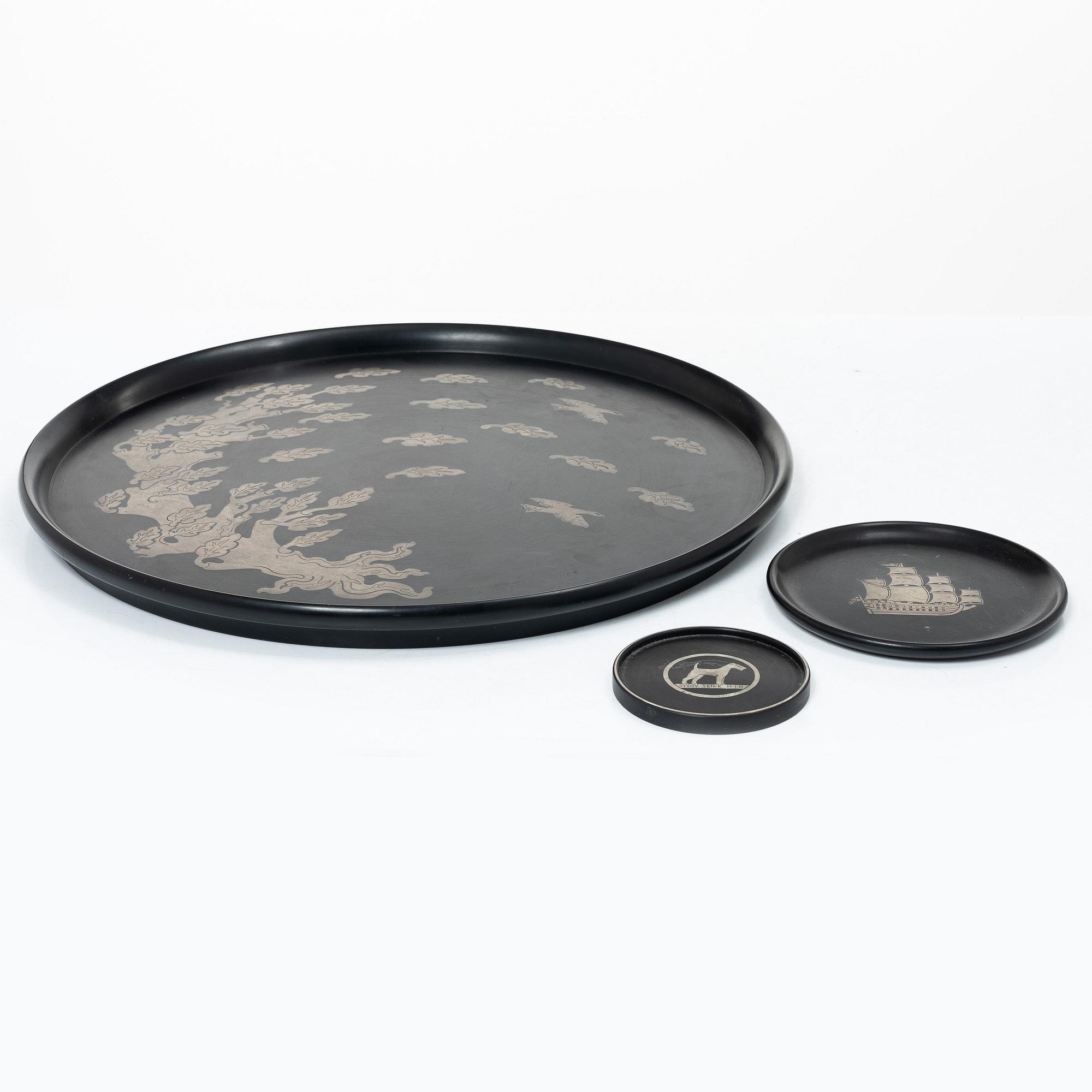 Brickor och coaster, 3 delar, bakelit och silver, Perstorp Ab 1960-tal.