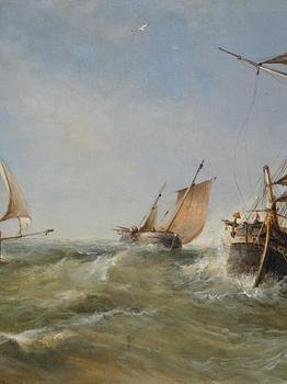 James Edwin Meadows, Sailing boats in rough weather by the coast with a lighthouse.