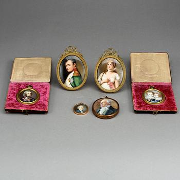 MINIATYRMÅLNINGAR, 6 st, på ben, porslin, papper, sannolikt sent 1700-tal till sent 1800-tal.