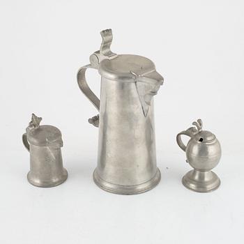 A pewter tankard, jug, and mustard jug by N. Forss (master active in Västerås 1740-86).