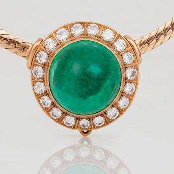 A circa 30.00 ct, probably Colombian, cabochon-cut emerald and circa 3.00 ct brilliant-cut diamond necklace.