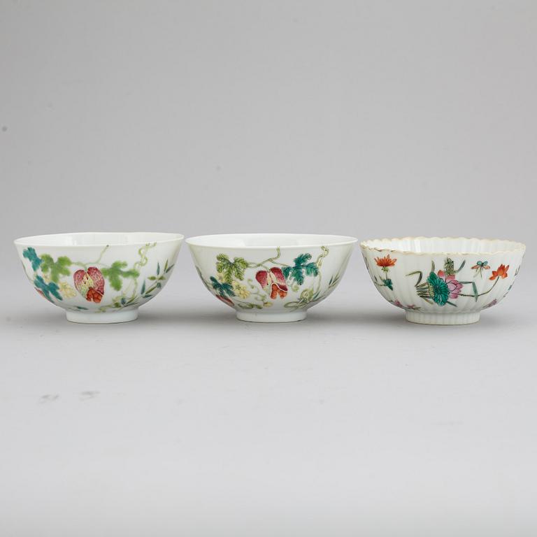A set of three famille rose bowls, China, 20th Century.