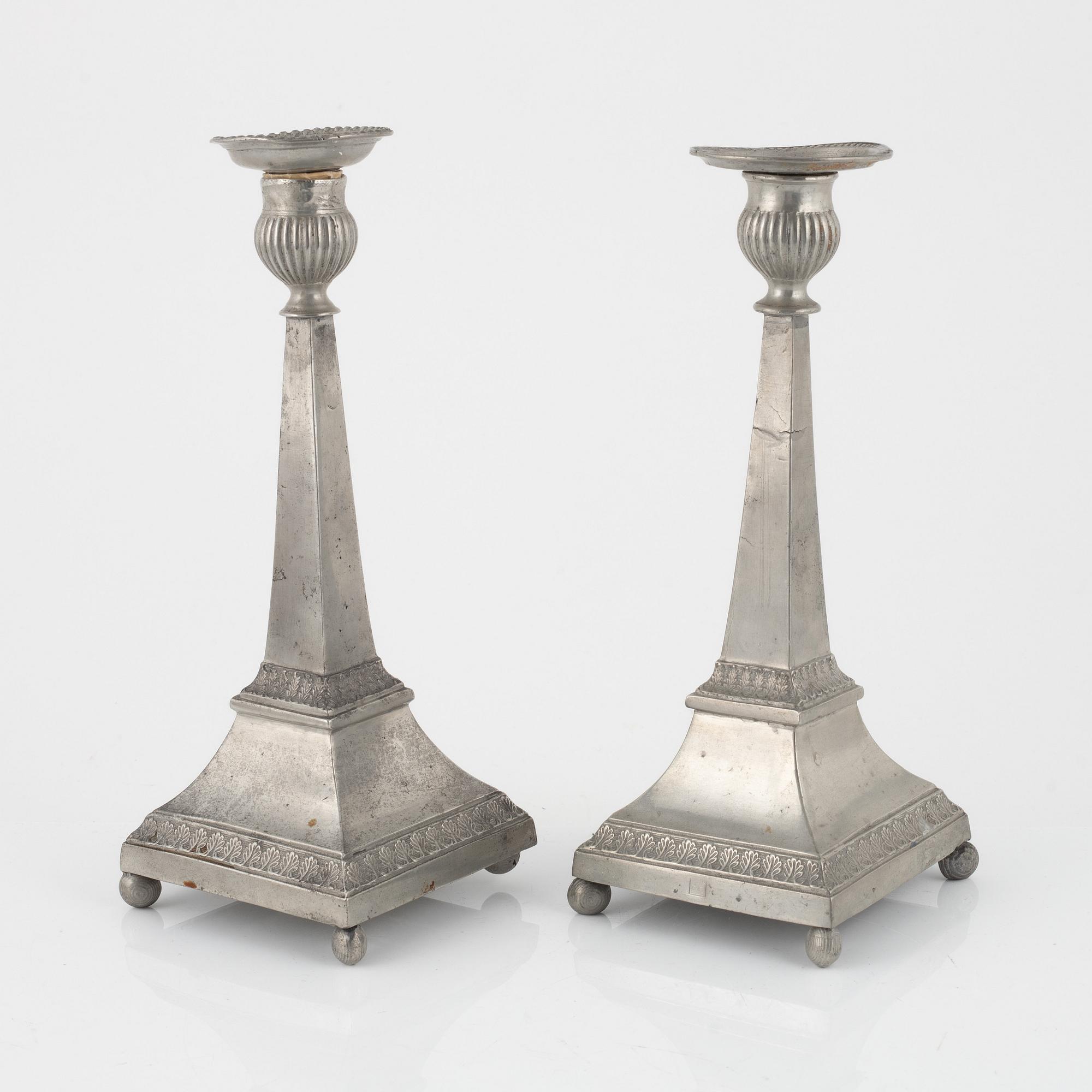 A pair of Empire pewter candlesticks, mark of Sven Ekström, Norrköping 1823.