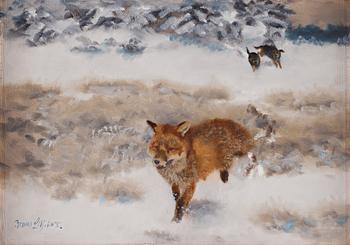 266. Bruno Liljefors, Winter landscape with fox and hounds.