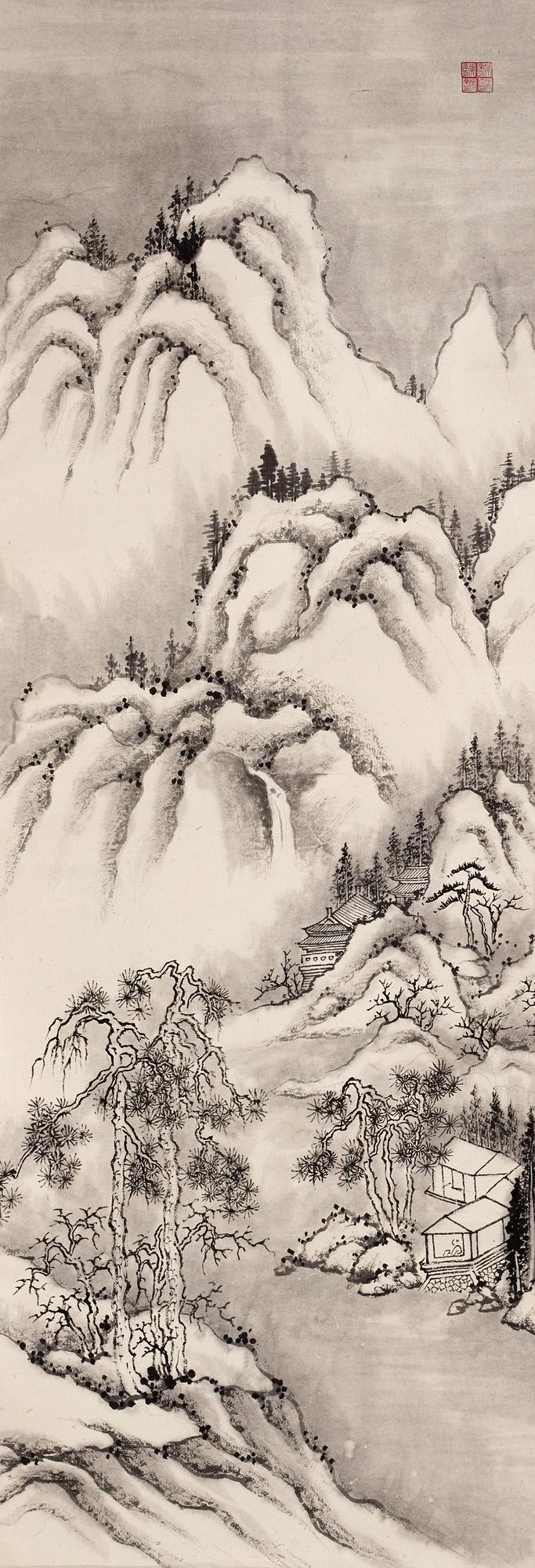 A hanging scroll o a landscape with buildings and a figure, by an unknown artist (Zhang Daye), 20th Century.