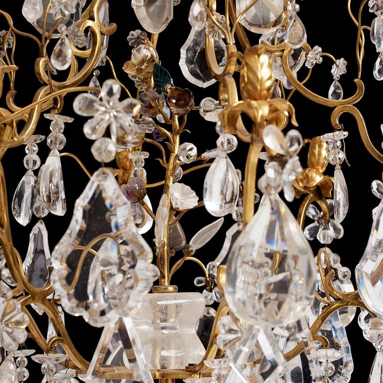 A French Louis XV-style six-branch gilt-bronze, rock crystal and amethyst chandelier, 19th century.