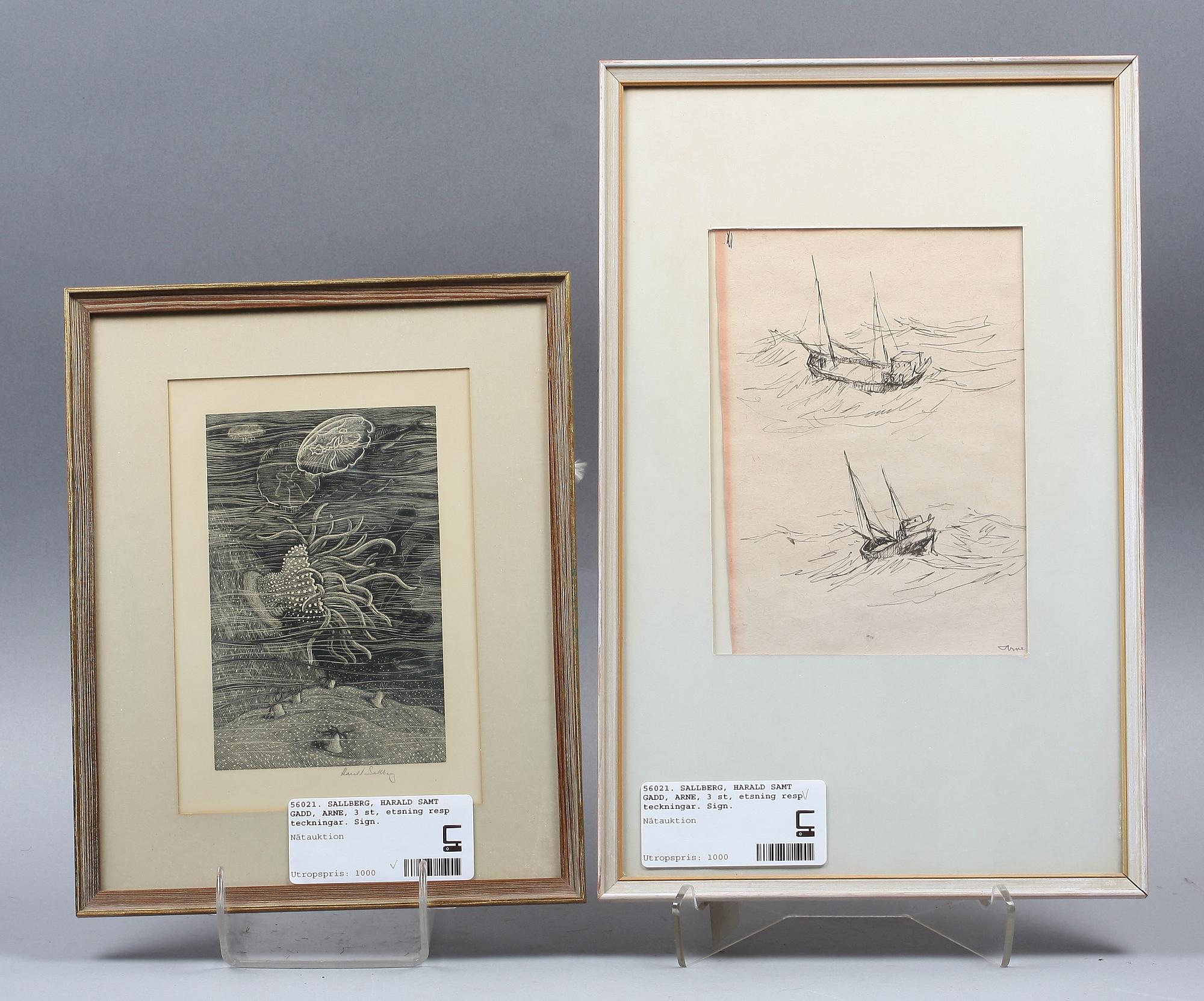 SALLBERG, HARALD, etsning, samt GADD, ARNE, teckningar, 2 st. Sign.