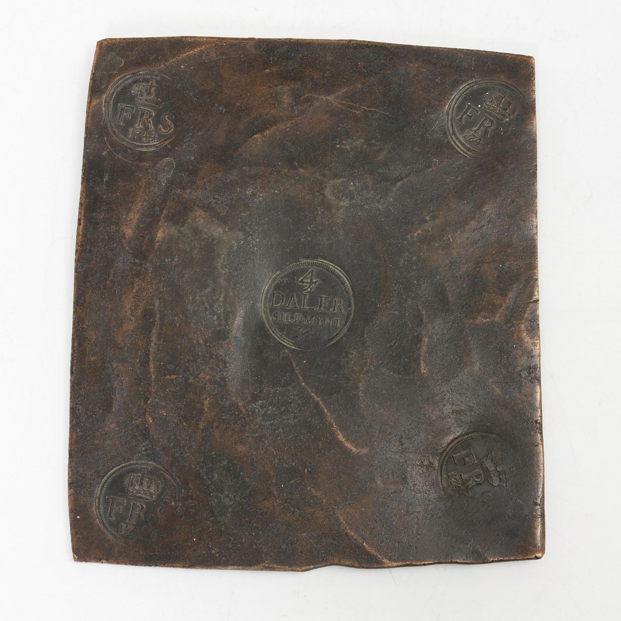 Fredrik I, plåtmynt, 4 daler silvermynt, 1744, Avesta.