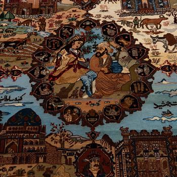 A RUG, probably Tabriz, figural, the "Four seasons", ca 233 x 159 cm (as well as 1,5 cm flat weave at the ends).