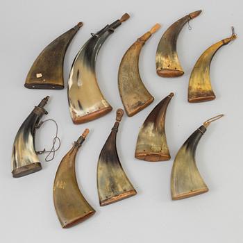 A COLLECTION OF TEN HORN POWDER FLASKA, 19th century.