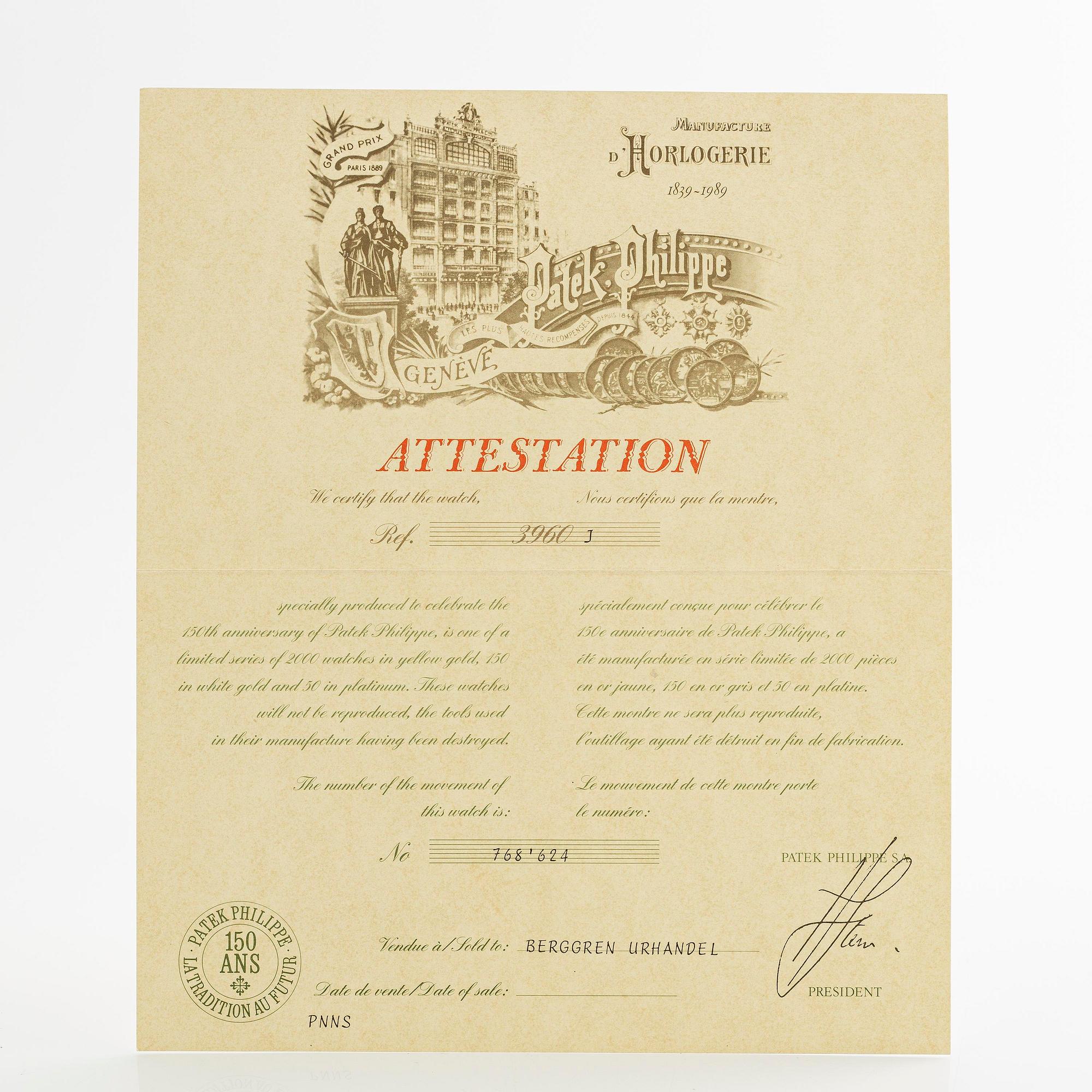 Patek Philippe, "Sealed, New Old Stock", "150th Anniversary", ca 1989.