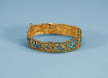 1447. A gilt metal enamelled bracelet, part Tang dynasty. Reworked by Hallberg.