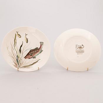 A set of 12 'Fish' dinner plates and two serving dishes, 'Fish' and 'Bird Game', Johnson Brothers, England.