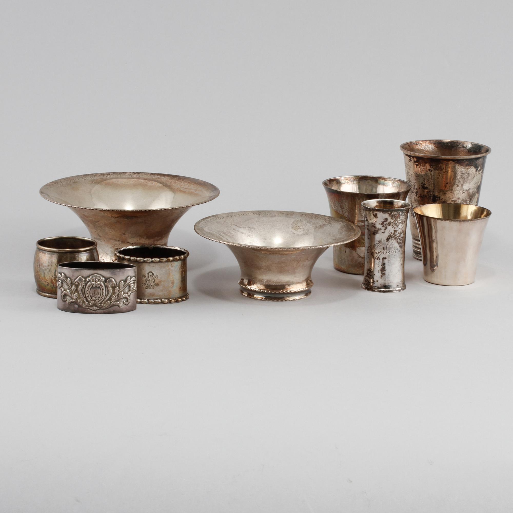 PARTI SILVER, 9 delar, mestadels Sverige, 1900-tal respektive England, 1800-tal. Vikt 455 g.