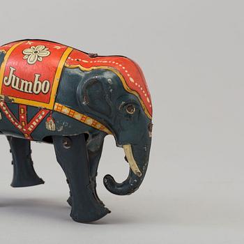 Two tin toys including "Jumbo" the elephant by BLOMER & SCHULER Germany and a car, mid 20th century.