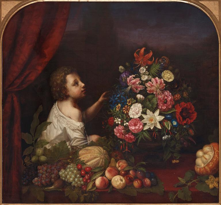 Sophie Adlersparre, Still life with flowers, fruits and a child.