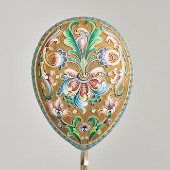A Russian parcel-gilt cloisonné enamel spoon, maker's mark cyrillic possibly, GS for Grigory Spitnev, Moscow, 1908-1926.