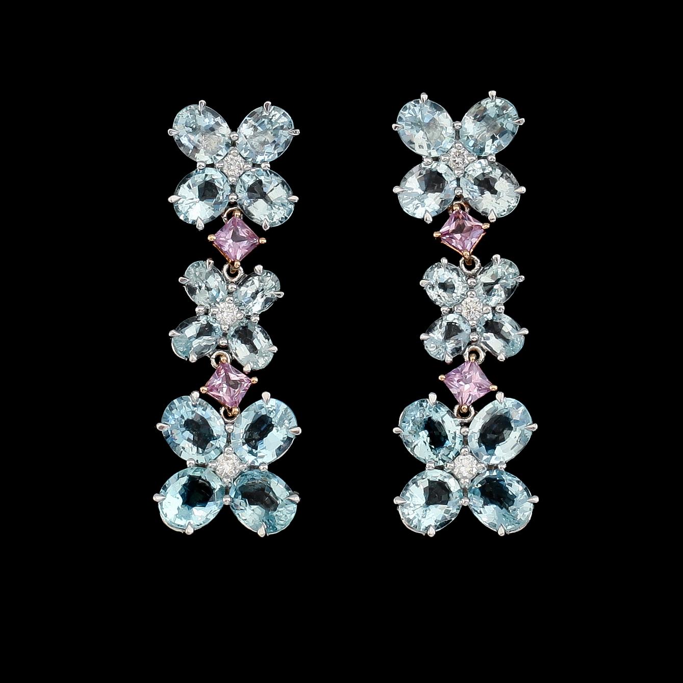 ÖRHÄNGEN, 1 par, 18K vitguld, diamanter tot ca 0.14 ct, rosa safirer tot ca 0.64 ct, akvamariner tot ca 7.05 ct.