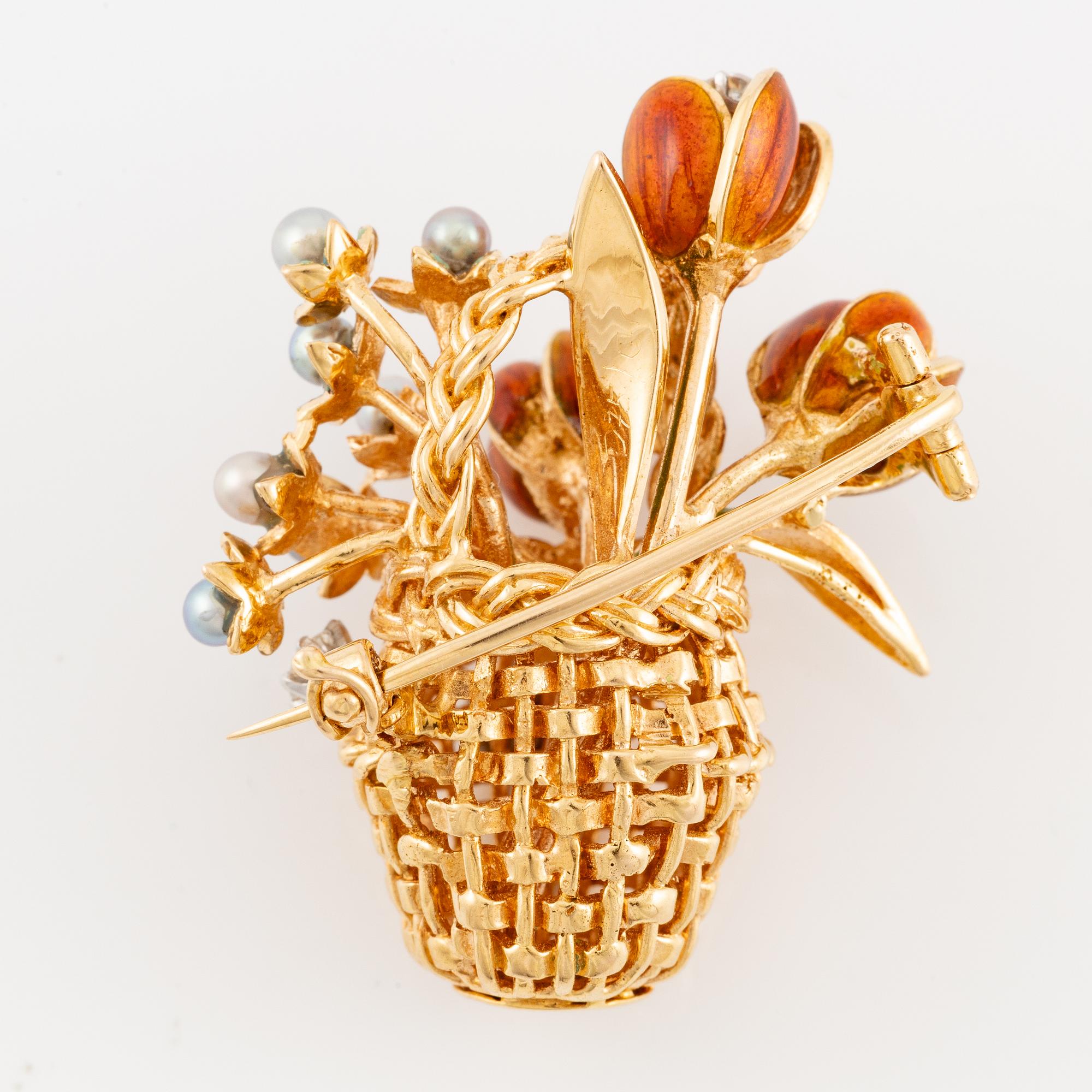 A W.A. Bolin brooch 18K gold and enamel with cultured pearls and round brilliant-cut diamonds, design Barbro Littmarck.