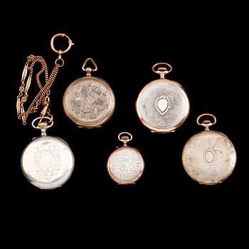FICKUR, 5 st samt ARMBANDSUR, silver, 1900-talets första hälft.