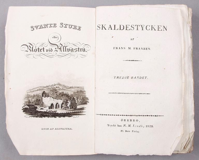 BÖCKER, vol I-III, "Skaldestycken", Frans Michael Franzén. Örebro 1824-1829.