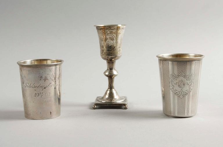 BÄGARE OCH KALK, 3 delar. Silver 1800/1900-tal.