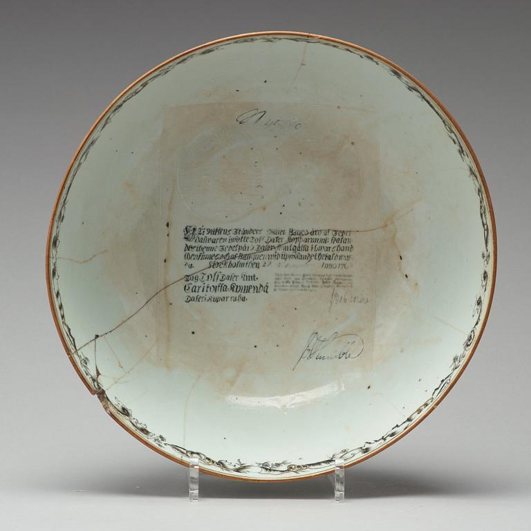 A grisaille punch bowl with a Swedish Bank note, Qing dynasty, Qianlong dated 1762.