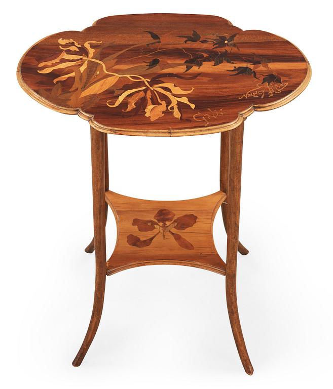 An Emile Gallé Art Nouveau mahogany table with floral inlays, Nancy, France ca 1900.