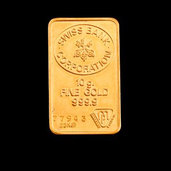 PLAKETT, fine gold, Swiss Bank Corporation. Vikt 10 gram.