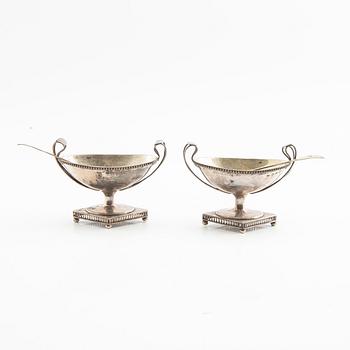 Petter Adolf Sjöberg salt cellar pair and spoons, Late Gustavian silver, Stockholm 1820.