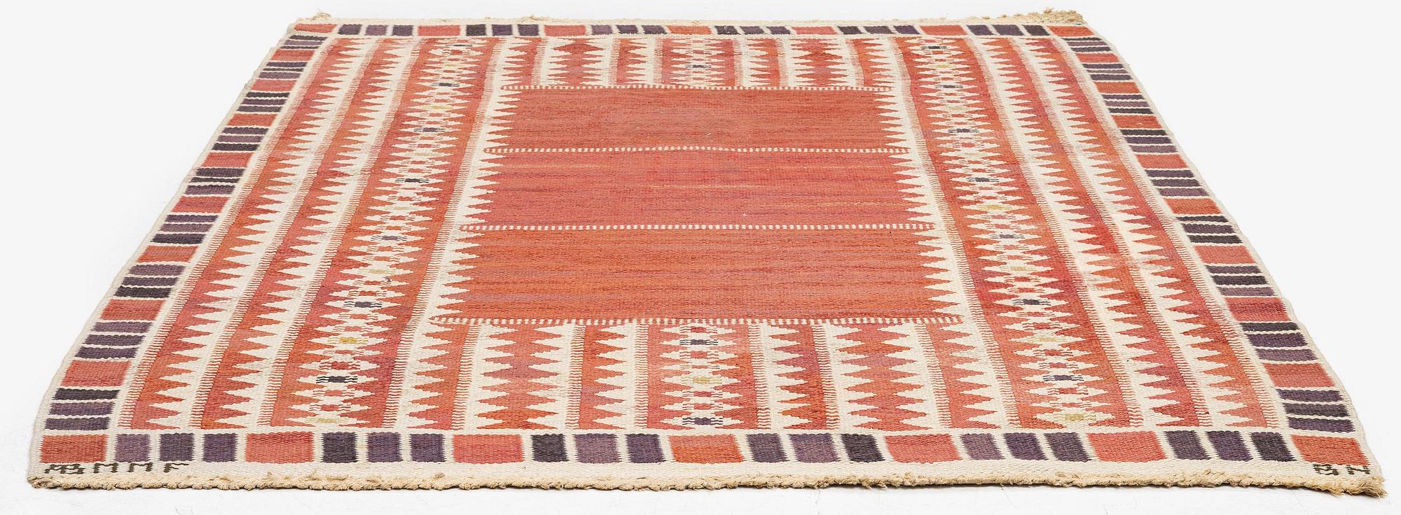 Barbro Nilsson, a carpet, 'Salerno röd', flat weave, c. 214 x 158 cm, signed AB MMF BN.