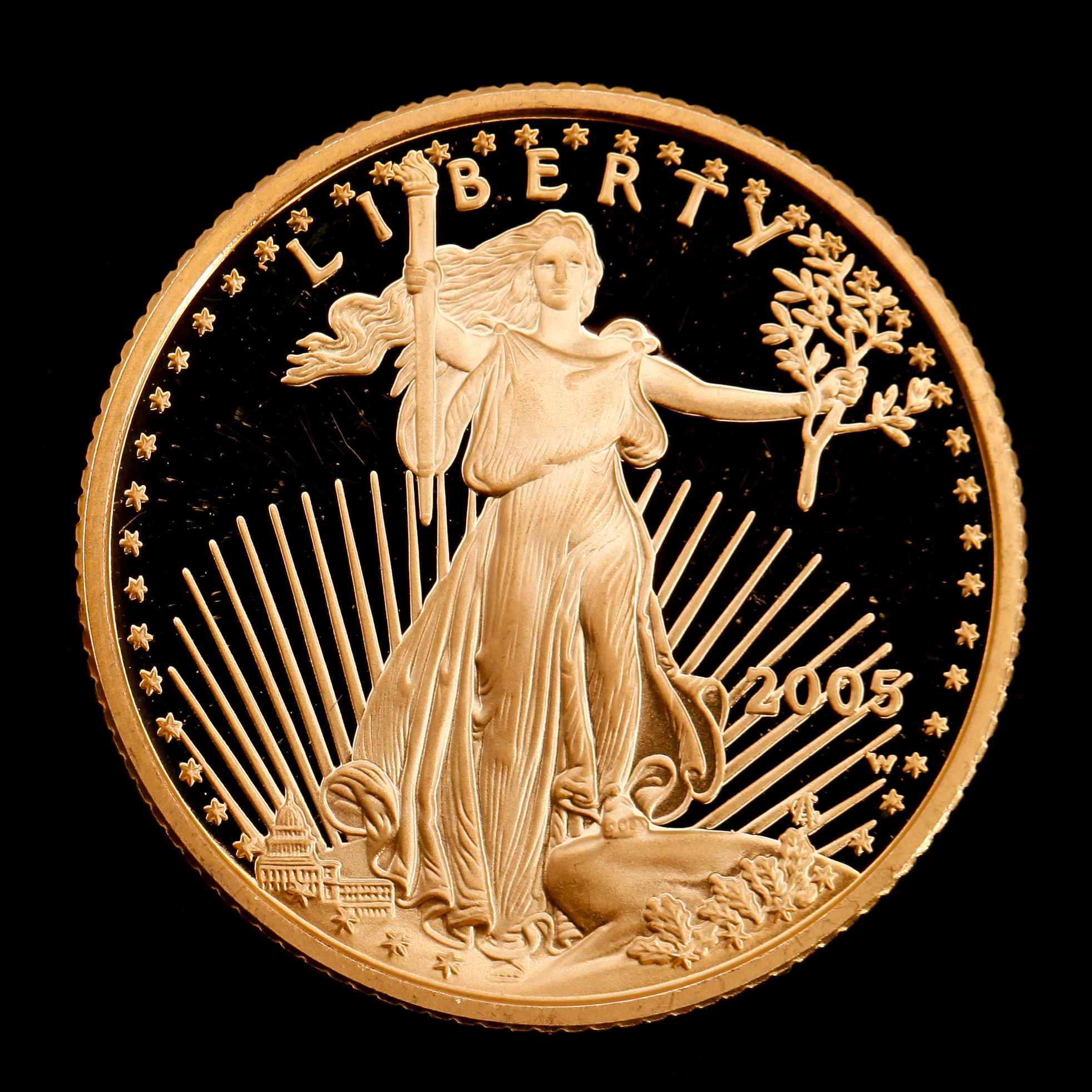 GULDMYNT, finguld, Golden Eagle, USA, 10 dollars, 2005. Vikt ca 8 g.