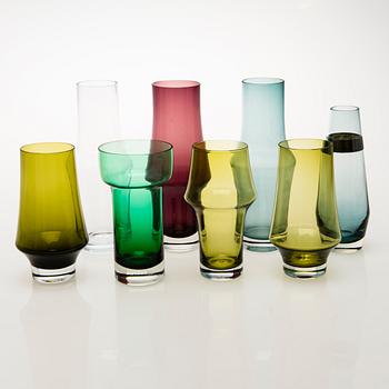 A set of eight Finnish glass vases from Riihimäen Lasi 1960s-70s.