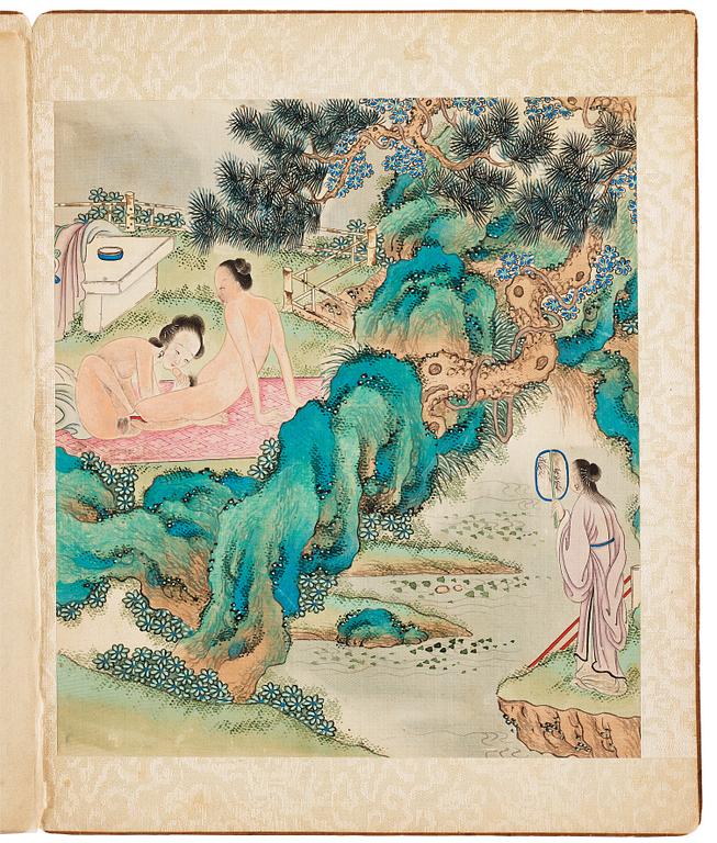 Okänd konstnär, akvarell och tusch på siden, tre stycken i bok. Qingdynastin, 1800-tal.