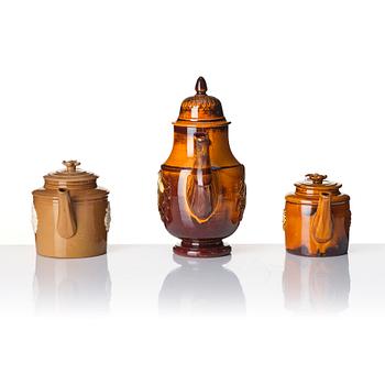 A tureen, coffee pot, two teapots, a vase and a dish, including Tillinge 19th century.